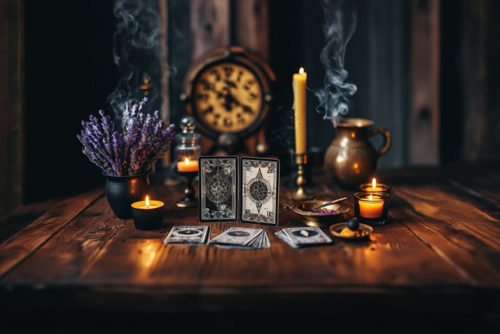 Stół rytualny z kartami tarota, świecami, lawendą i kadzidłem, tworzący magiczną atmosferę wróżebną.