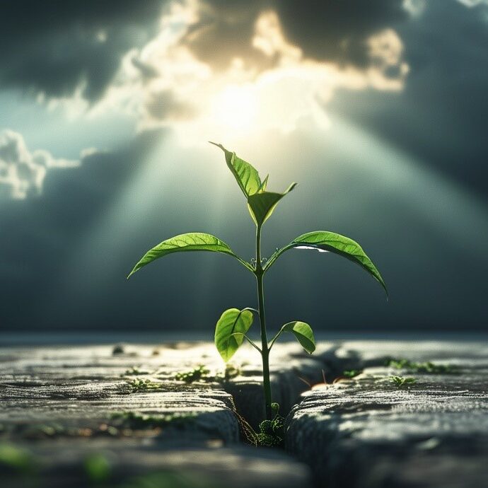 Młoda zielona roślina wyrasta z pęknięcia w betonowej powierzchni, oświetlona promieniami słońca przebijającymi się przez ciemne chmury.
