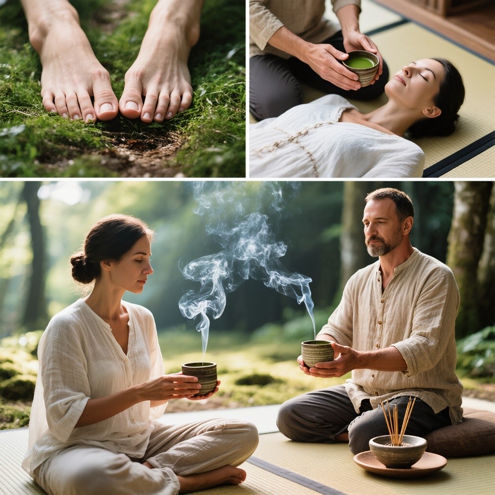 Zestaw trzech zdjęć pokazujących praktyki relaksacyjne w naturze: bose stopy na mchu, osobę leżącą podczas rytuału z herbatą oraz dwie osoby siedzące na macie w lesie, trzymające kubki z unoszącą się parą.